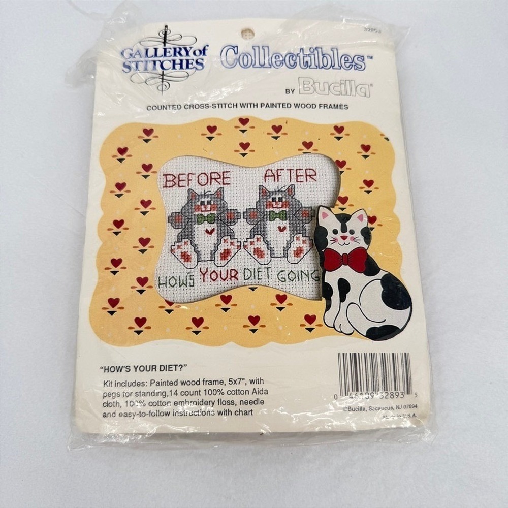 Bucilla Gallery of Stitches Cross Stitch Kit Cat Diet Funny VTG PARTIALLY DONE